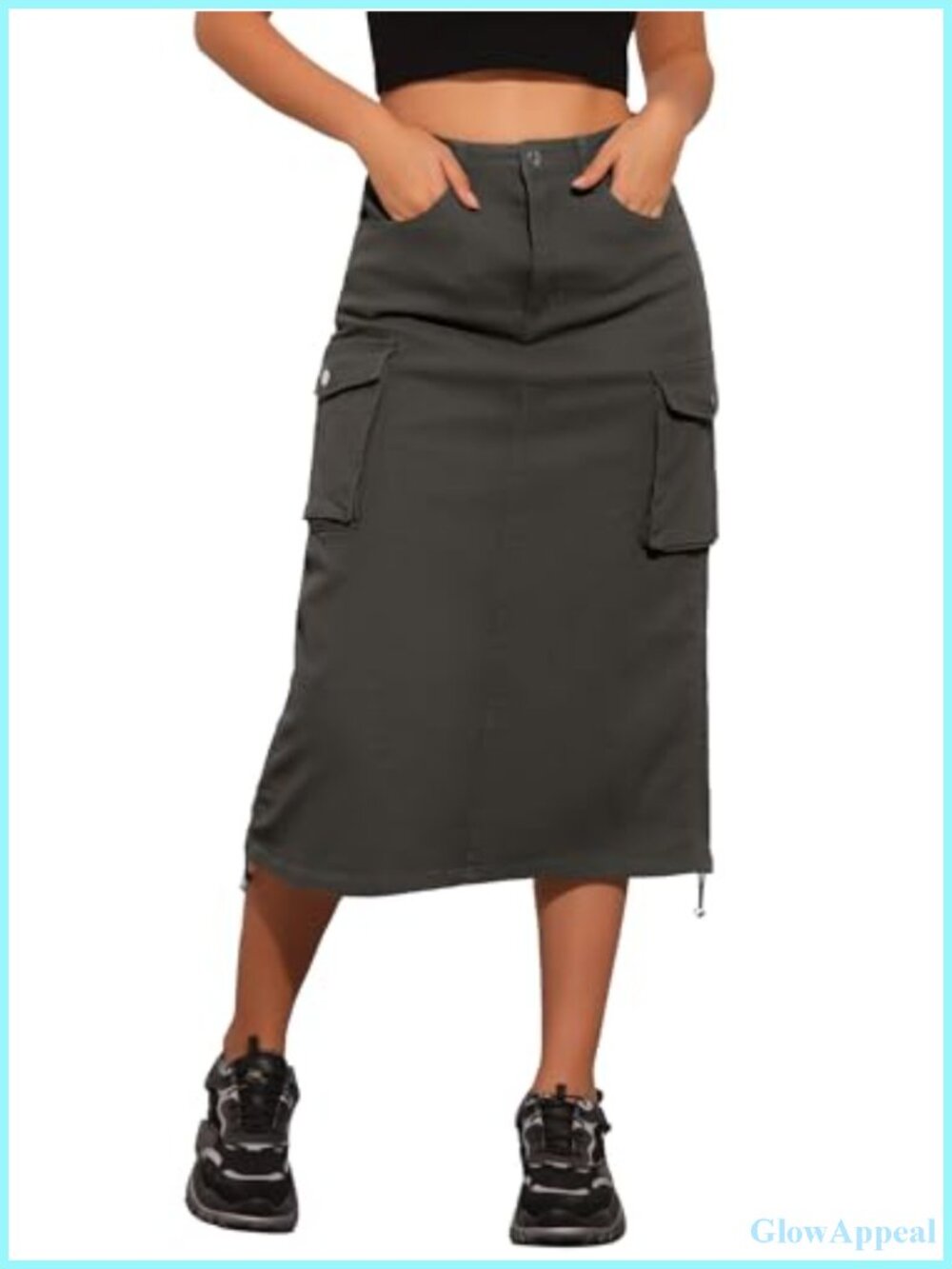 Cargo Denim Midi Skirt High Waisted A-Line Drawstring Jean Skirt